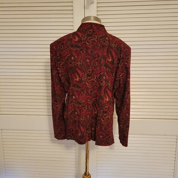 90s Paisley Zip Jacket Deep Red Notations Petite L Shoulder Pads Waist Seam - Picture 5 of 9